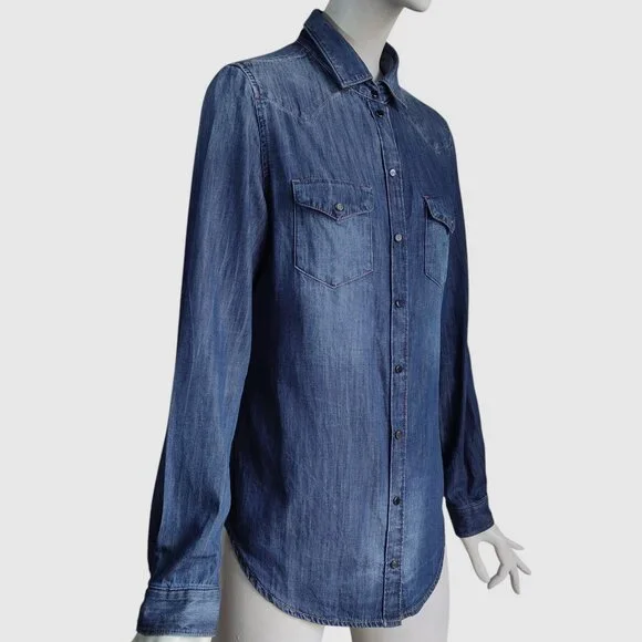 Diesel Western Distressed Chambray Snap Front Cotton Thin Soft Denim Shirt Sz S - Picture 3 of 11